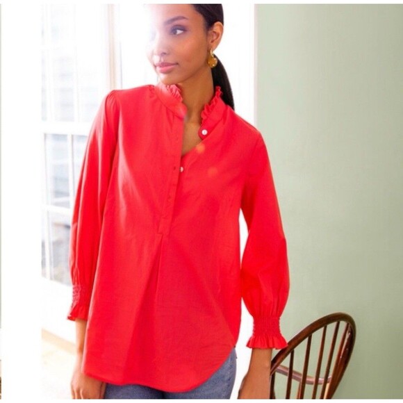 NWT Tuckernuck Poppy Red Teagan Popover Blouse Top Ruffle Elastic Cuff XL - Picture 1 of 11